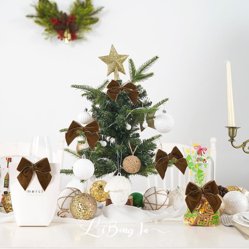 LiBongTa 3.5" Brown Bows Small Velvet Ribbon Bow For Decoration, Self Adhesive Gift Bows, Rustic Bows For Christmas Tree, Treat Bags, Candy Pop, Basket, Party Favor, Craft Bow For Gift Wrapping-24 PCs - Image 4